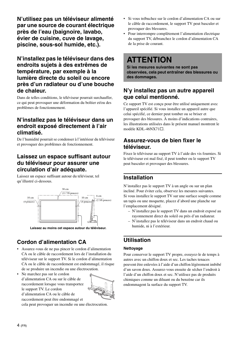 Attention, Cordon d’alimentation ca, Assurez-vous de bien fixer le téléviseur | Installation, Utilisation | Sony SU-B550S User Manual | Page 16 / 51