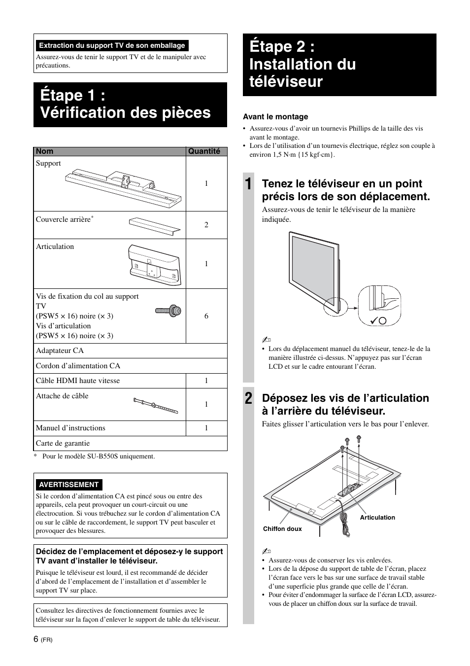 Étape 1 : vérification des pièces, Étape 2 : installation du téléviseur, Étape 2 : installation du téléviseur 1 | Sony SU-B550S User Manual | Page 18 / 51