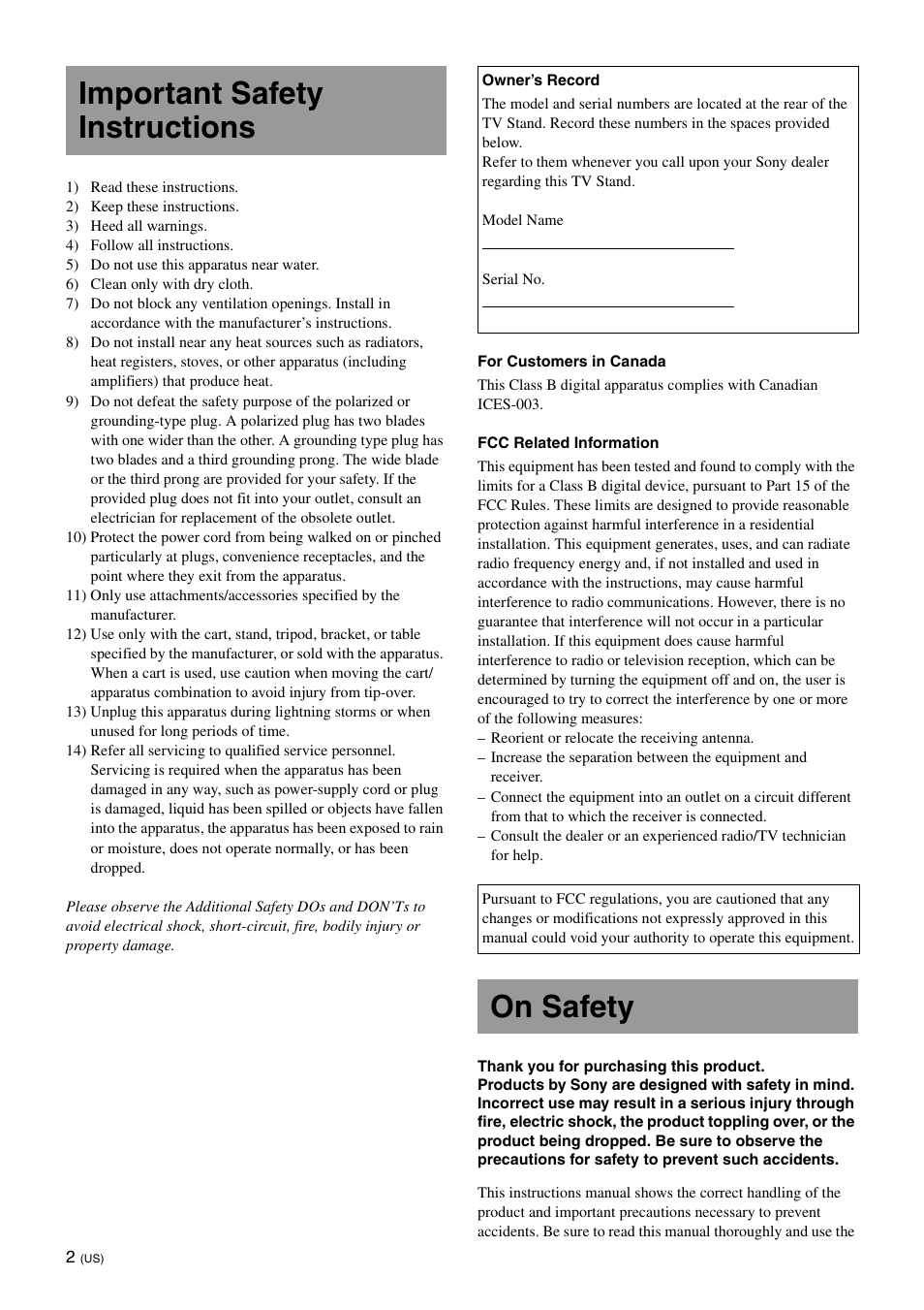 Important safety instructions, On safety | Sony SU-B550S User Manual | Page 2 / 51