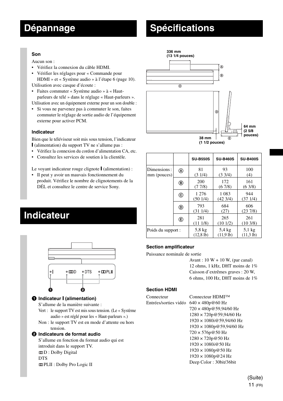 Dépannage, Indicateur, Spécifications | Sony SU-B550S User Manual | Page 23 / 51