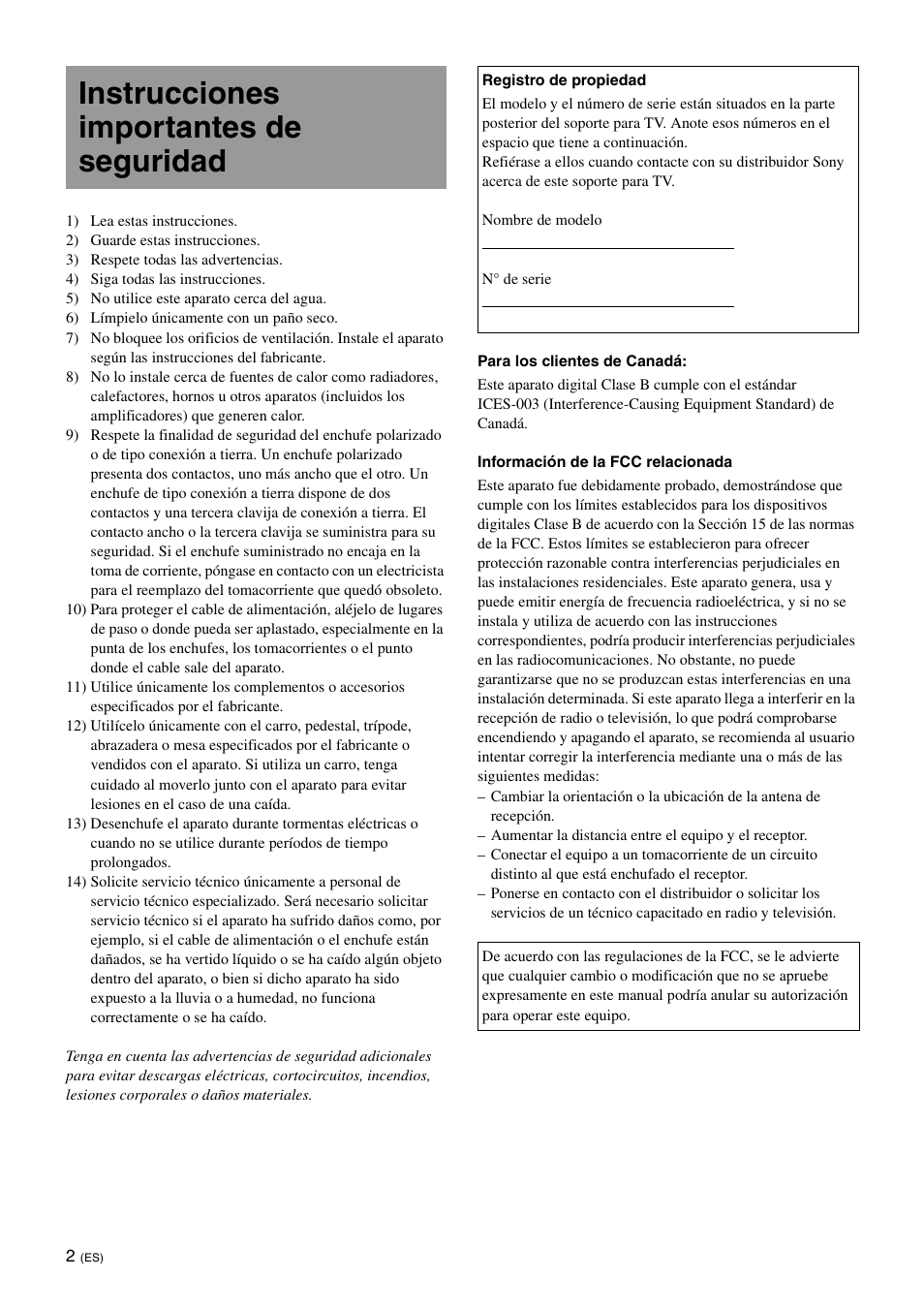 Instrucciones importantes de seguridad | Sony SU-B550S User Manual | Page 26 / 51