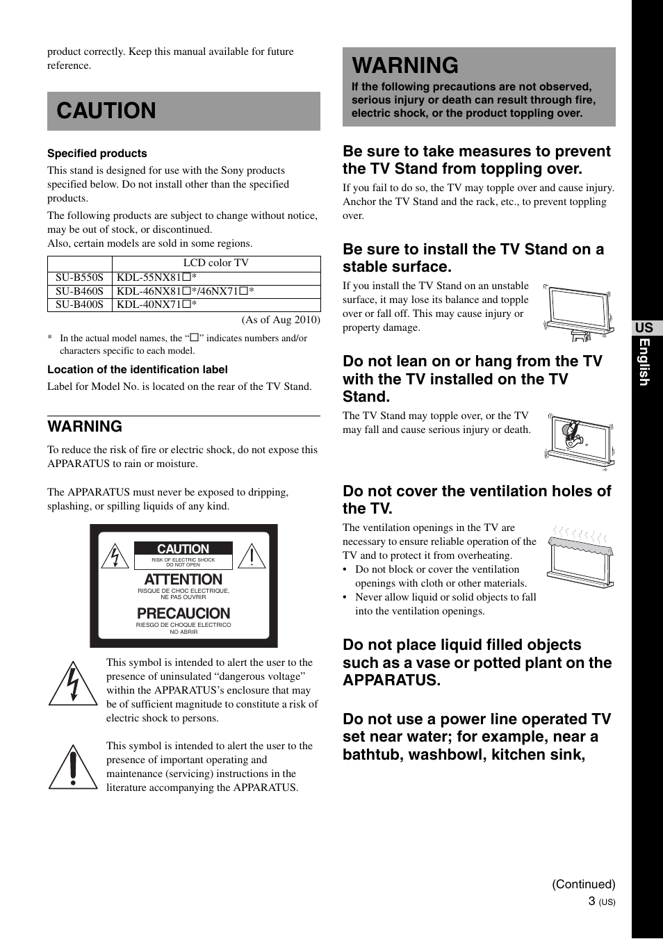 Caution, Warning, Do not cover the ventilation holes of the tv | Attention, Precaucion | Sony SU-B550S User Manual | Page 3 / 51