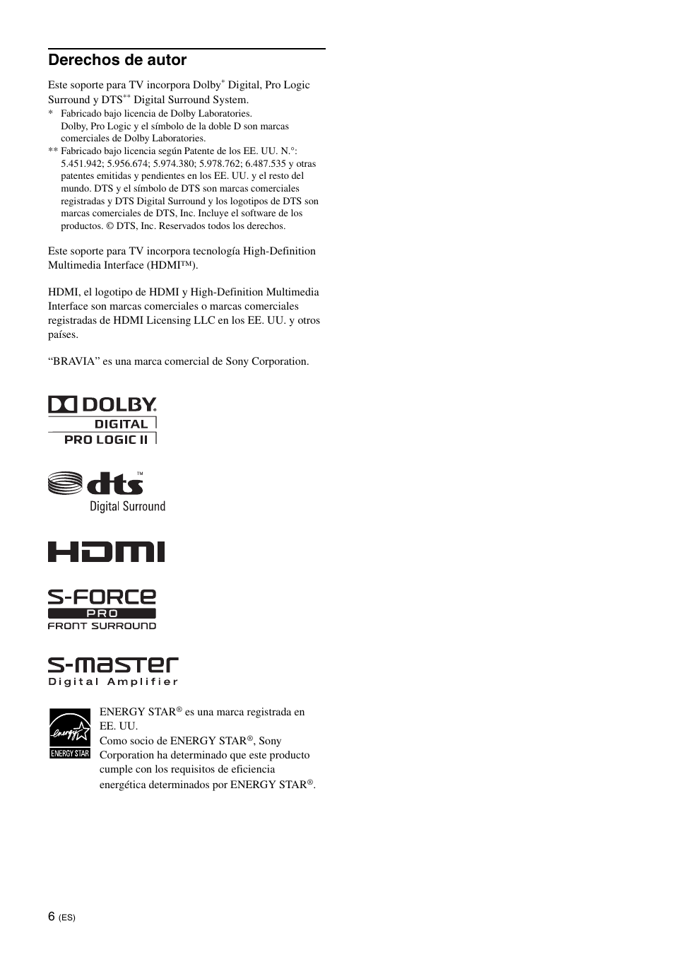 Derechos de autor | Sony SU-B550S User Manual | Page 30 / 51