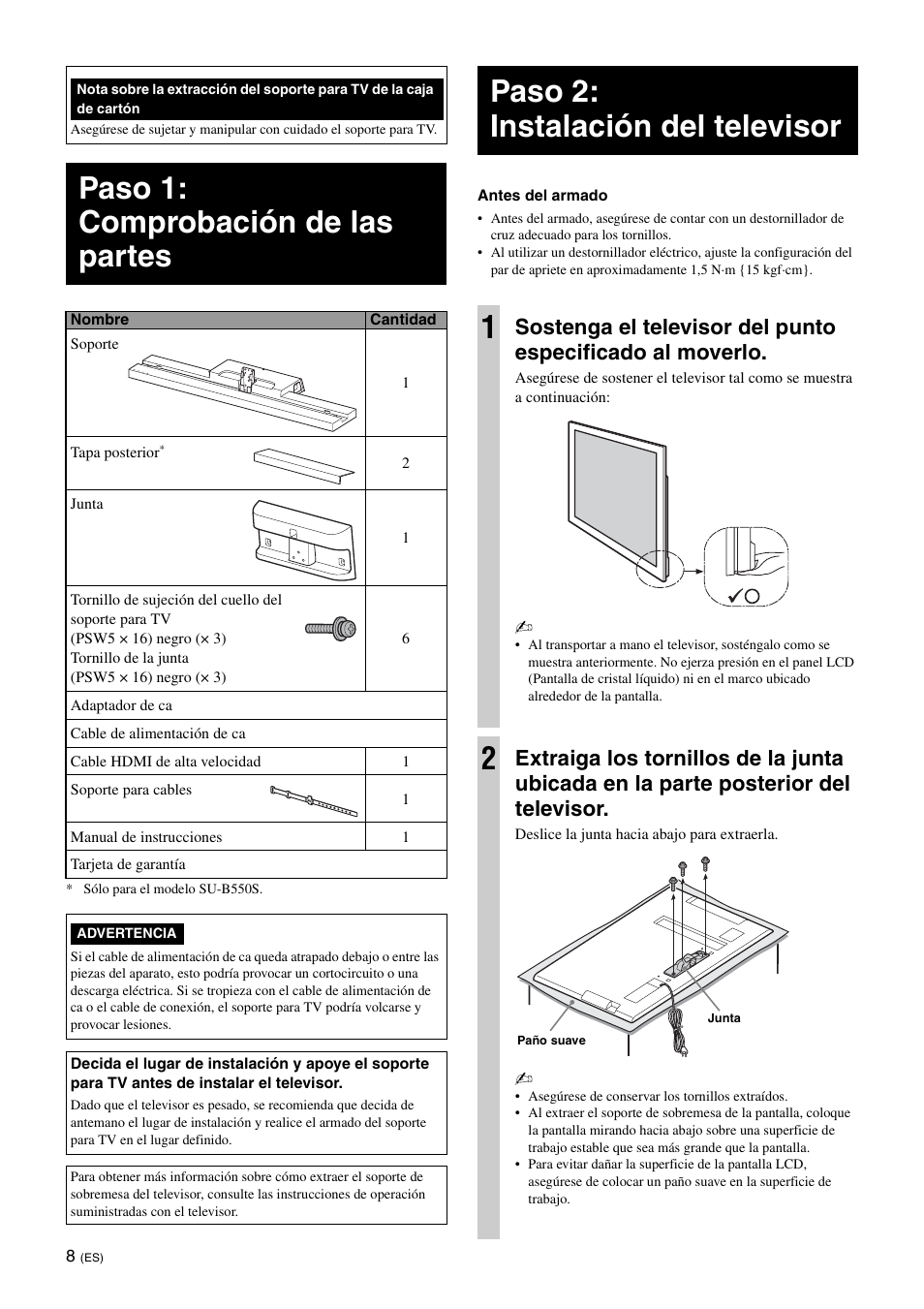 Paso 1: comprobación de las partes, Paso 2: instalación del televisor, Paso 2: instalación del televisor 1 | Sony SU-B550S User Manual | Page 32 / 51