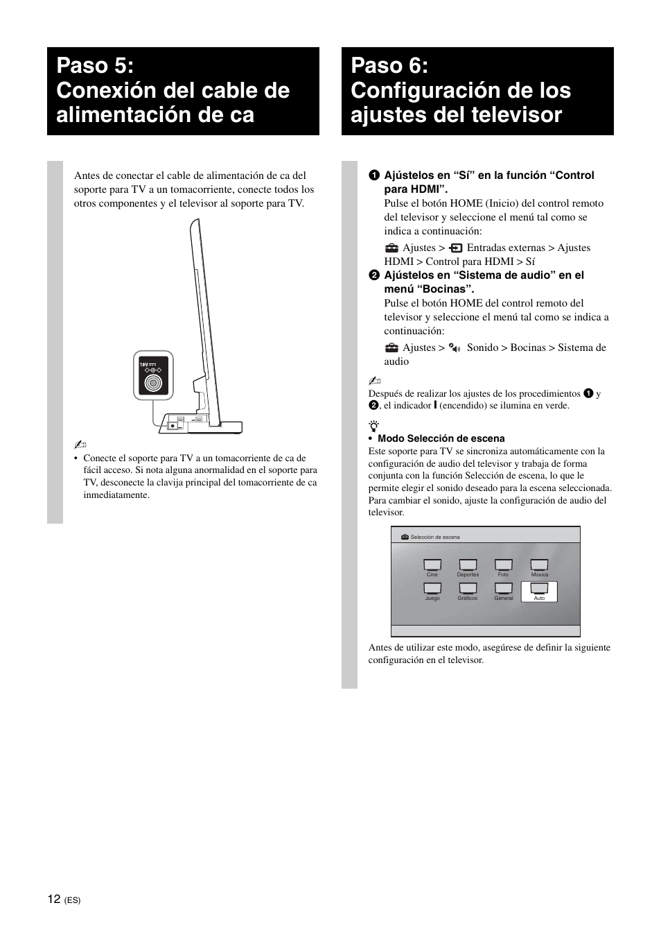 Paso 5: conexión del cable de alimentación de ca, Paso 6: configuración de los ajustes del televisor | Sony SU-B550S User Manual | Page 36 / 51