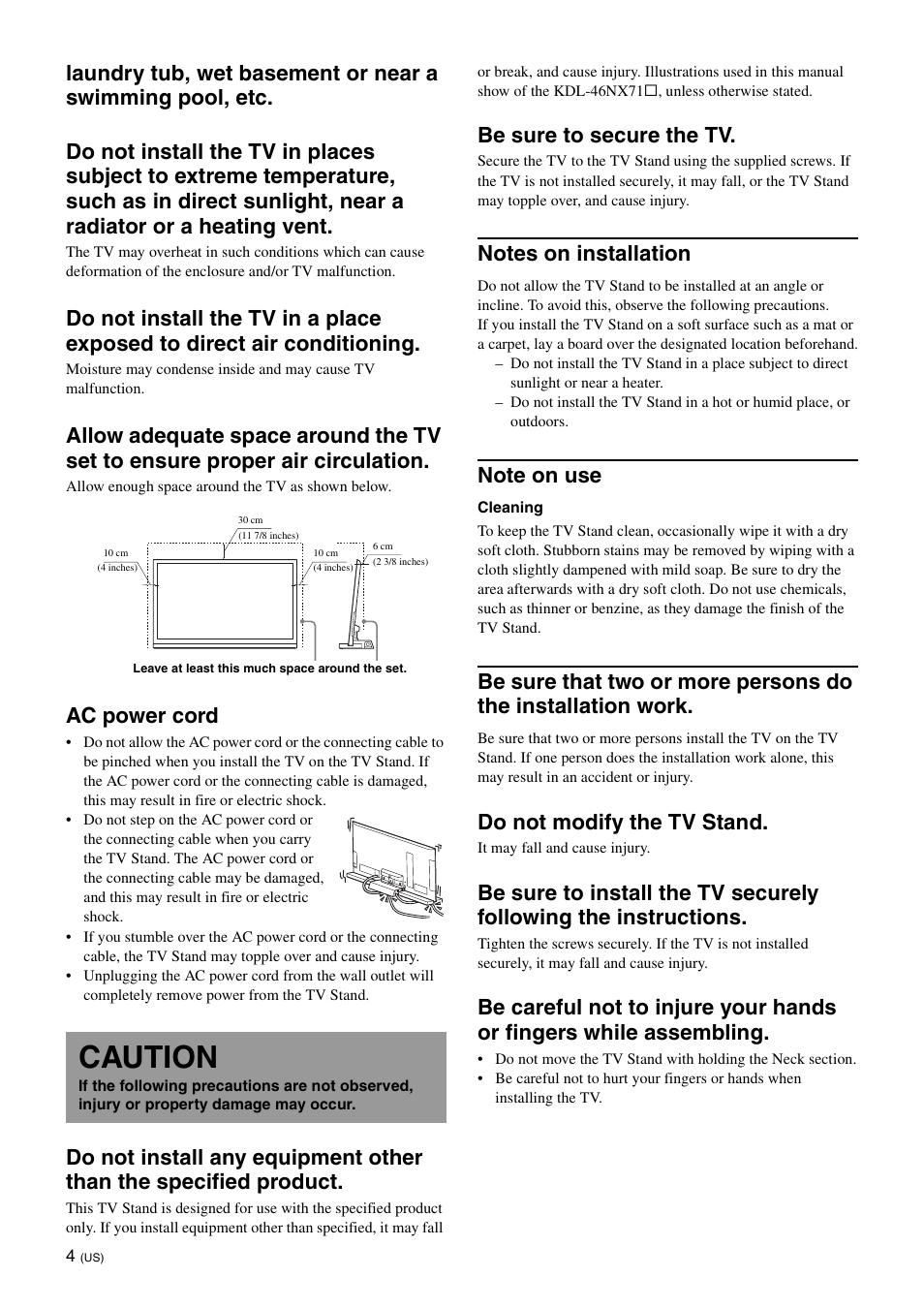 Caution, Ac power cord, Be sure to secure the tv | Do not modify the tv stand | Sony SU-B550S User Manual | Page 4 / 51