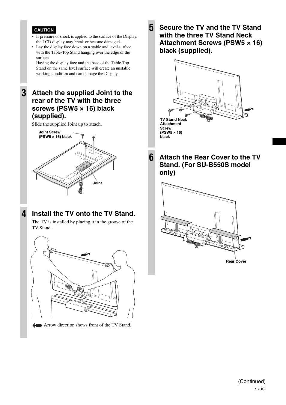 Install the tv onto the tv stand | Sony SU-B550S User Manual | Page 7 / 51