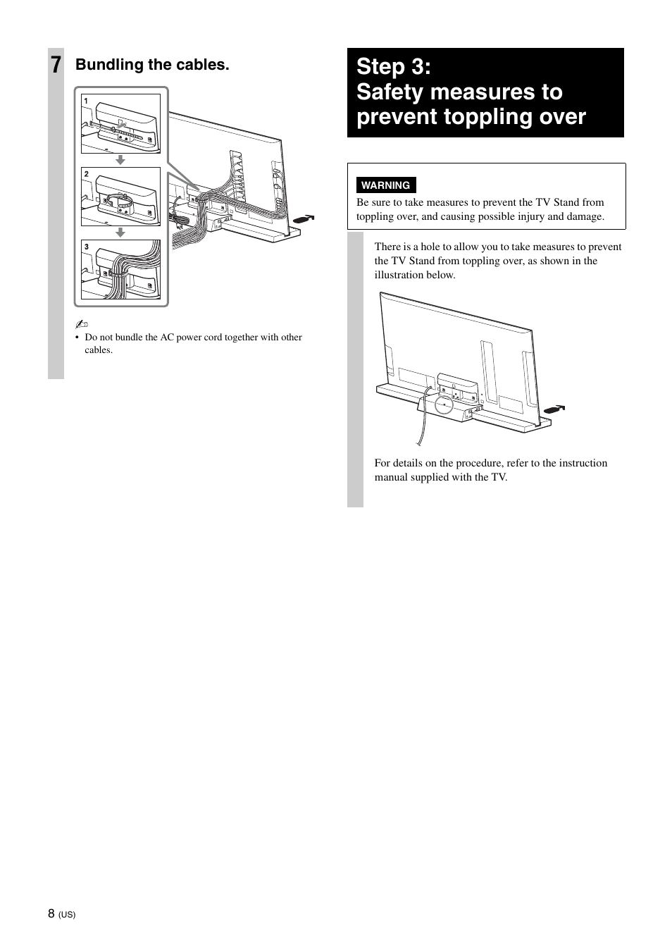 Step 3: safety measures to prevent toppling over, Bundling the cables | Sony SU-B550S User Manual | Page 8 / 51