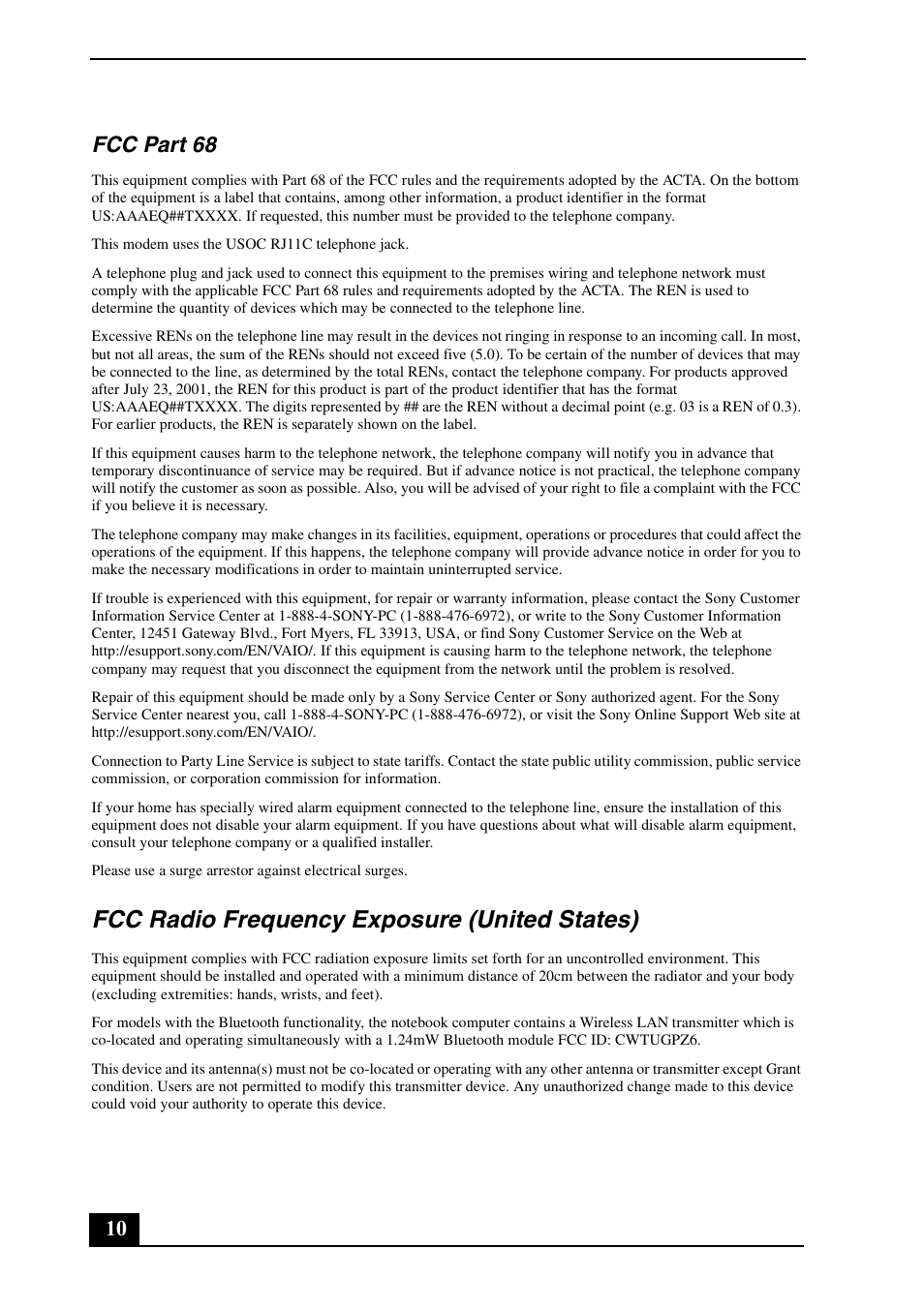 Fcc radio frequency exposure (united states), 10 fcc part 68 | Sony VGN-SZ240P User Manual | Page 10 / 20