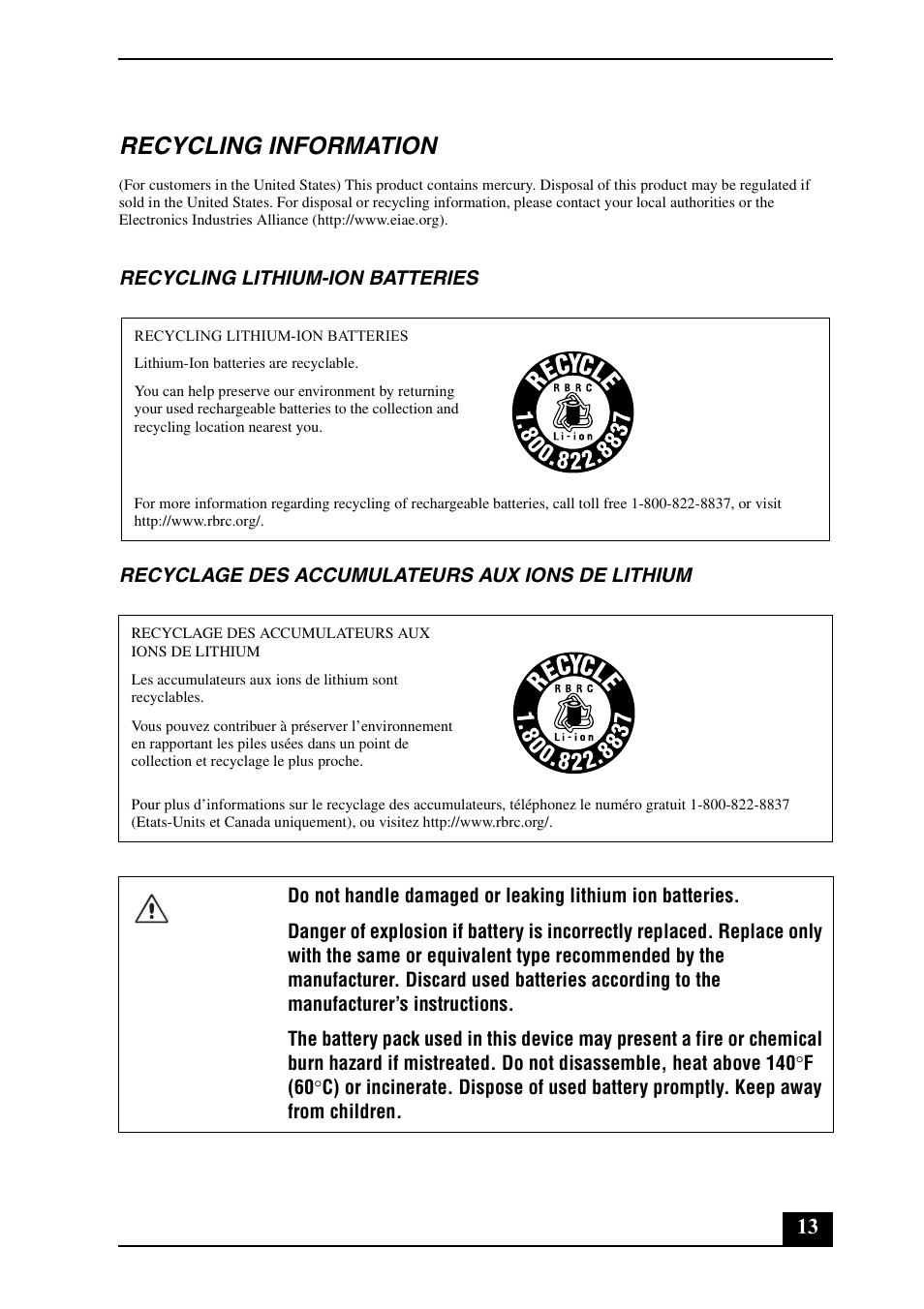 Recycling information | Sony VGN-SZ240P User Manual | Page 13 / 20