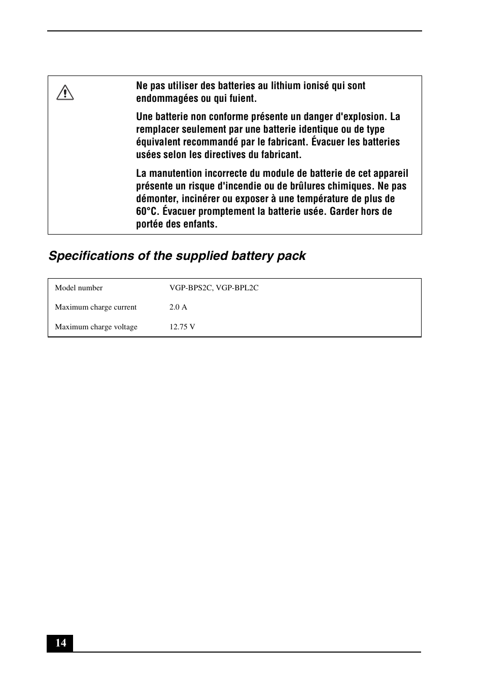 Specifications of the supplied battery pack | Sony VGN-SZ240P User Manual | Page 14 / 20