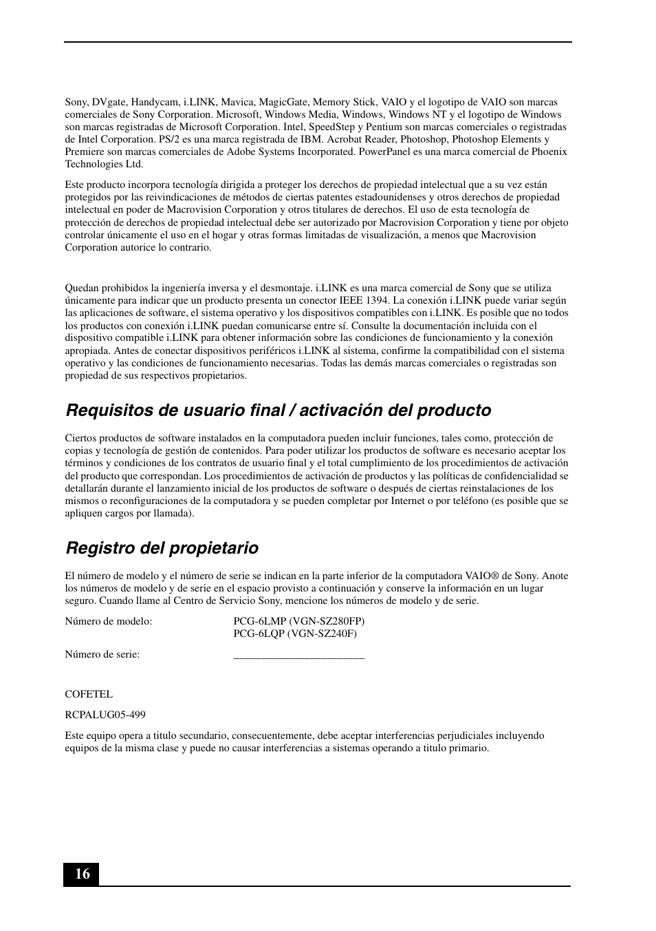 Registro del propietario | Sony VGN-SZ240P User Manual | Page 16 / 20