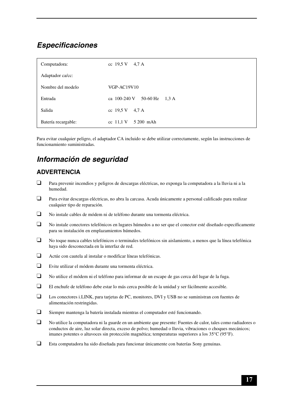 Especificaciones, Información de seguridad | Sony VGN-SZ240P User Manual | Page 17 / 20