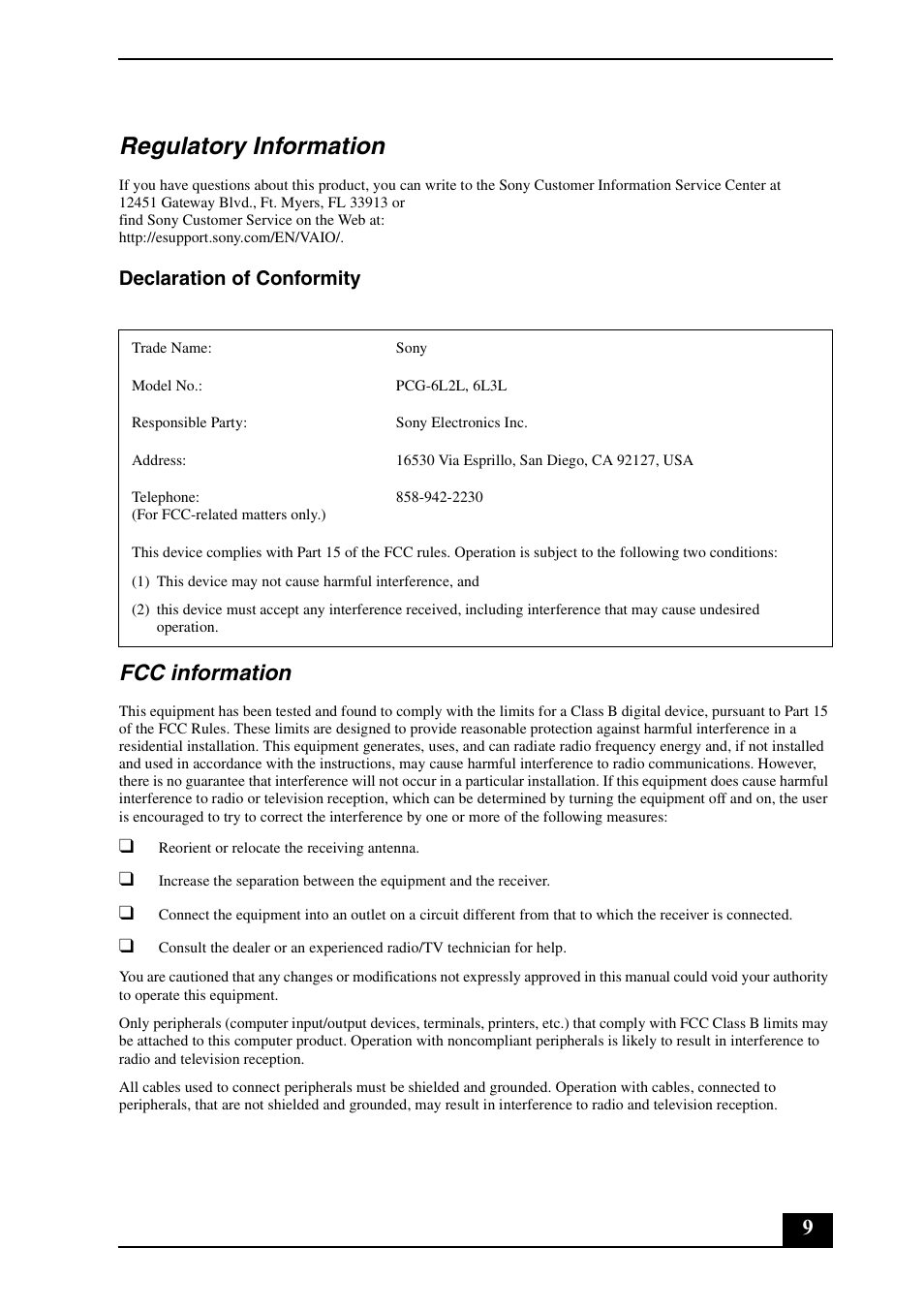 Regulatory information, Fcc information, Declaration of conformity | Sony VGN-SZ240P User Manual | Page 9 / 20