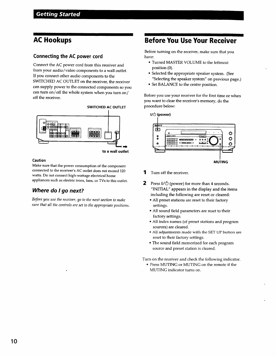 Ac hookups, Connecting the ac power cord, Before you use your receiver | Getting started | Sony SS-RC301 User Manual | Page 10 / 26