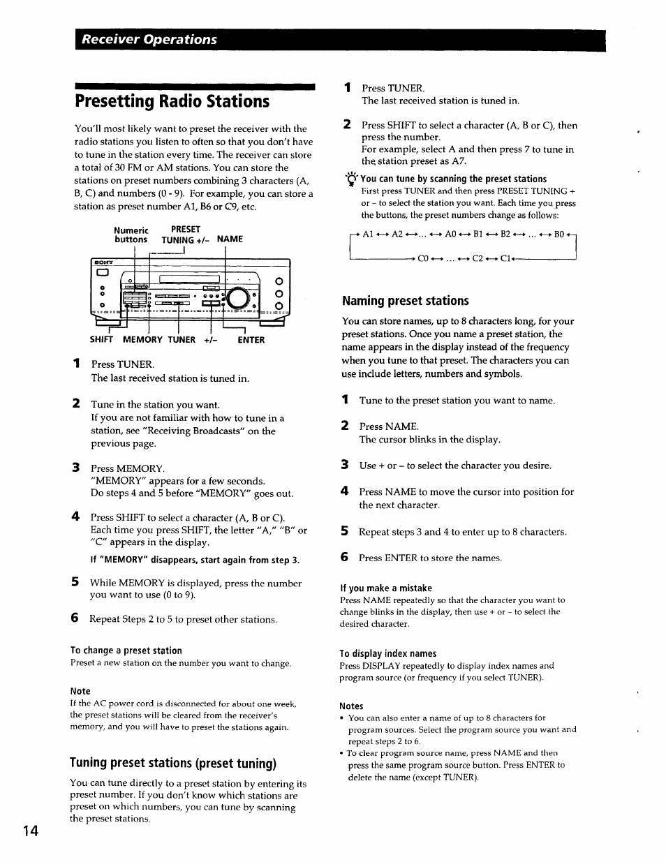 Presetting radio stations, You can tune by scanning the preset stations, Naming preset stations | If you make a mistake, To change a preset station, Note, Tuning preset stations (preset tuning), To display index names, Notes, Receiver operations | Sony SS-RC301 User Manual | Page 14 / 26