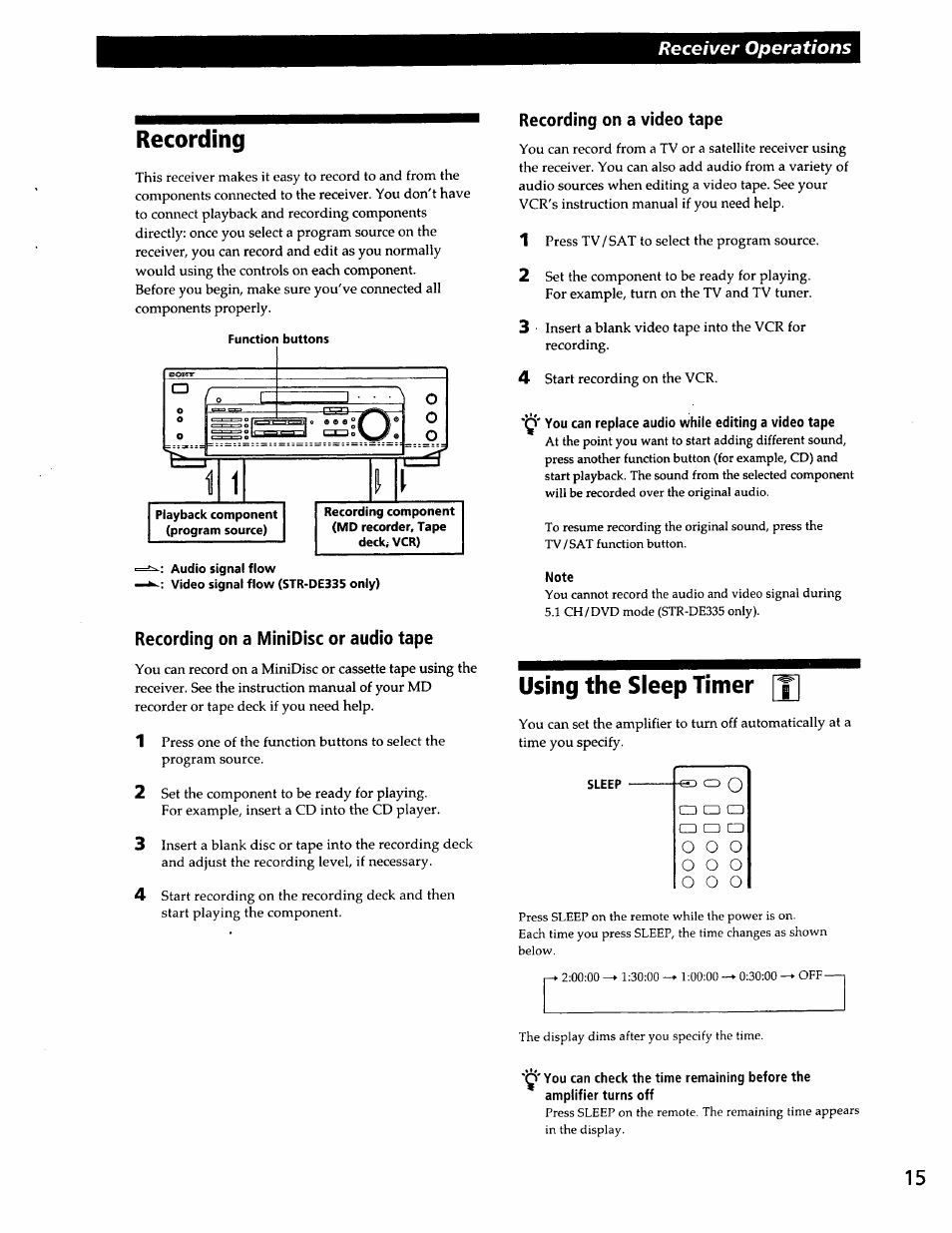 Recording, Recording on a minidisc or audio tape, Recording on a video tape | You can replace audio while editing a video tape, Note, Using the sleep timer [j, Receiver operations | Sony SS-RC301 User Manual | Page 15 / 26