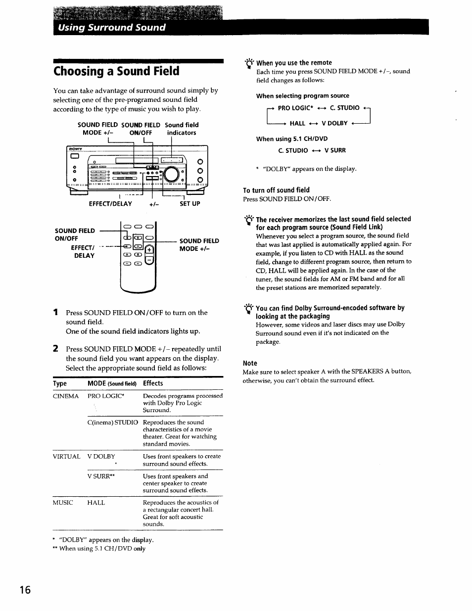 Choosing a sound field, When you use the remote, To turn off sound field | Note, Using surround sound | Sony SS-RC301 User Manual | Page 16 / 26