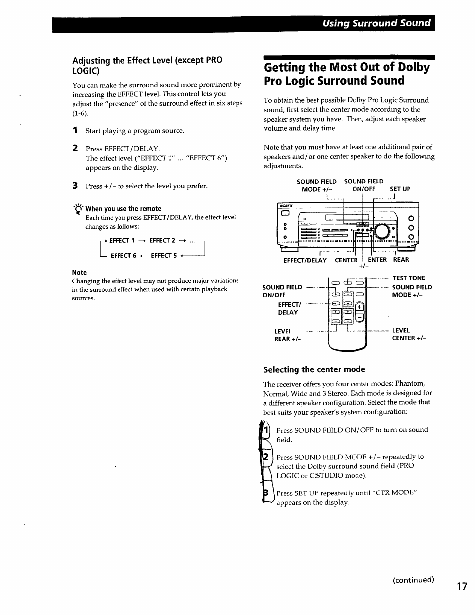 Adjusting the effect level (except pro logic), When you use the remote, Note | Selecting the center mode, Continued), Using surround sound | Sony SS-RC301 User Manual | Page 17 / 26