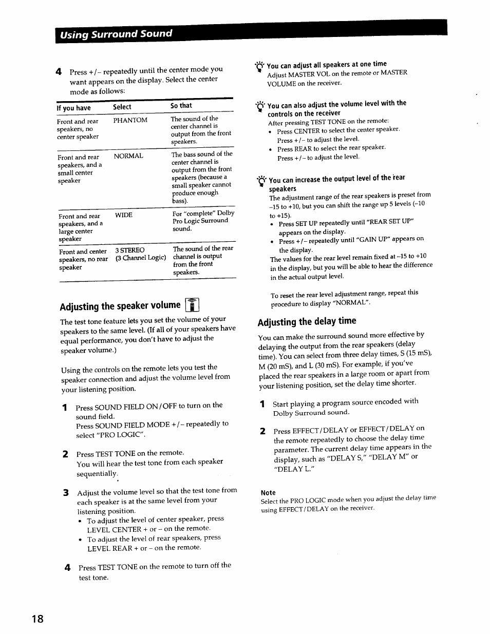 Adjusting the speaker volume, Q' you can adjust all speakers at one time, Adjusting the delay time | Note, Using surround sound | Sony SS-RC301 User Manual | Page 18 / 26