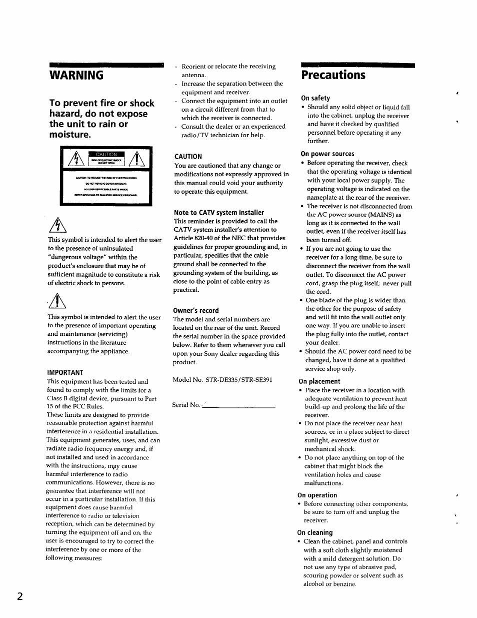 Warning, Important, Caution | Note to catv system installer, Owner's record, Precautions, On safety, On power sources, On placement, On operation | Sony SS-RC301 User Manual | Page 2 / 26