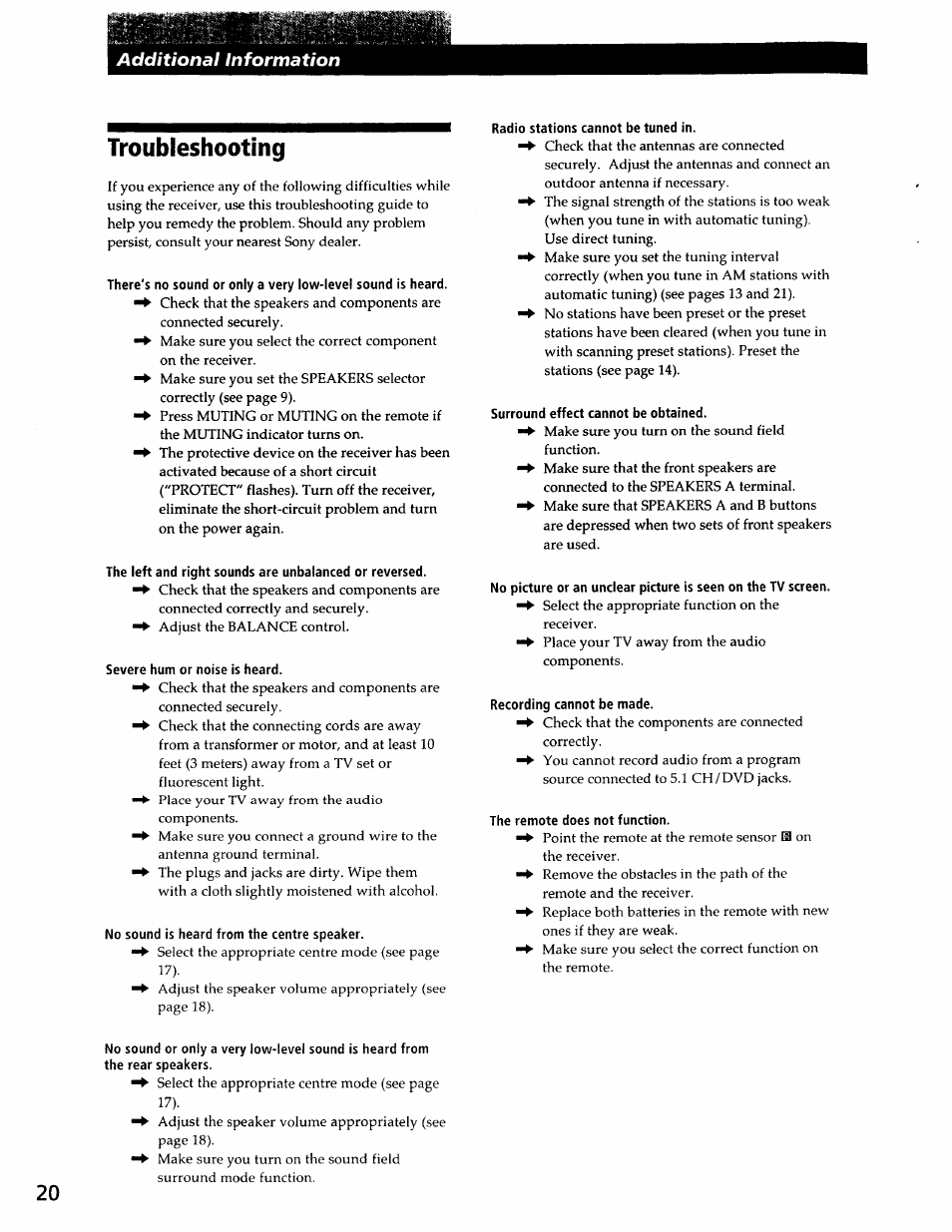 Troubleshooting, Severe hum or noise is heard, No sound is heard from the centre speaker | Radio stations cannot be tuned in, Surround effect cannot be obtained, Recording cannot be made, The remote does not function | Sony SS-RC301 User Manual | Page 20 / 26