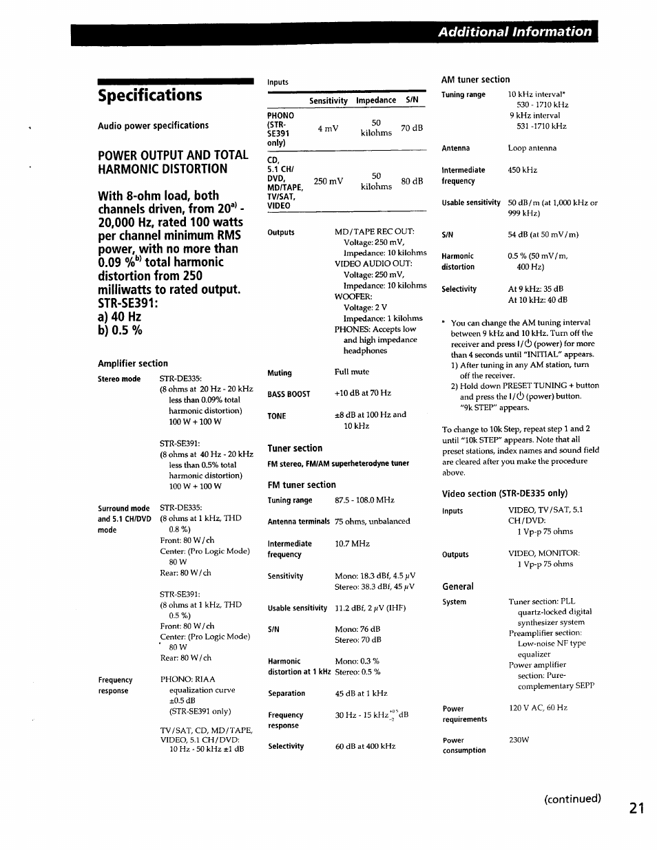 Specifications, Audio power specifications, Amplifier section | Am tuner section, Tuner section, Fm tuner section, Video section (str-de335 only), Continued), Additional information | Sony SS-RC301 User Manual | Page 21 / 26