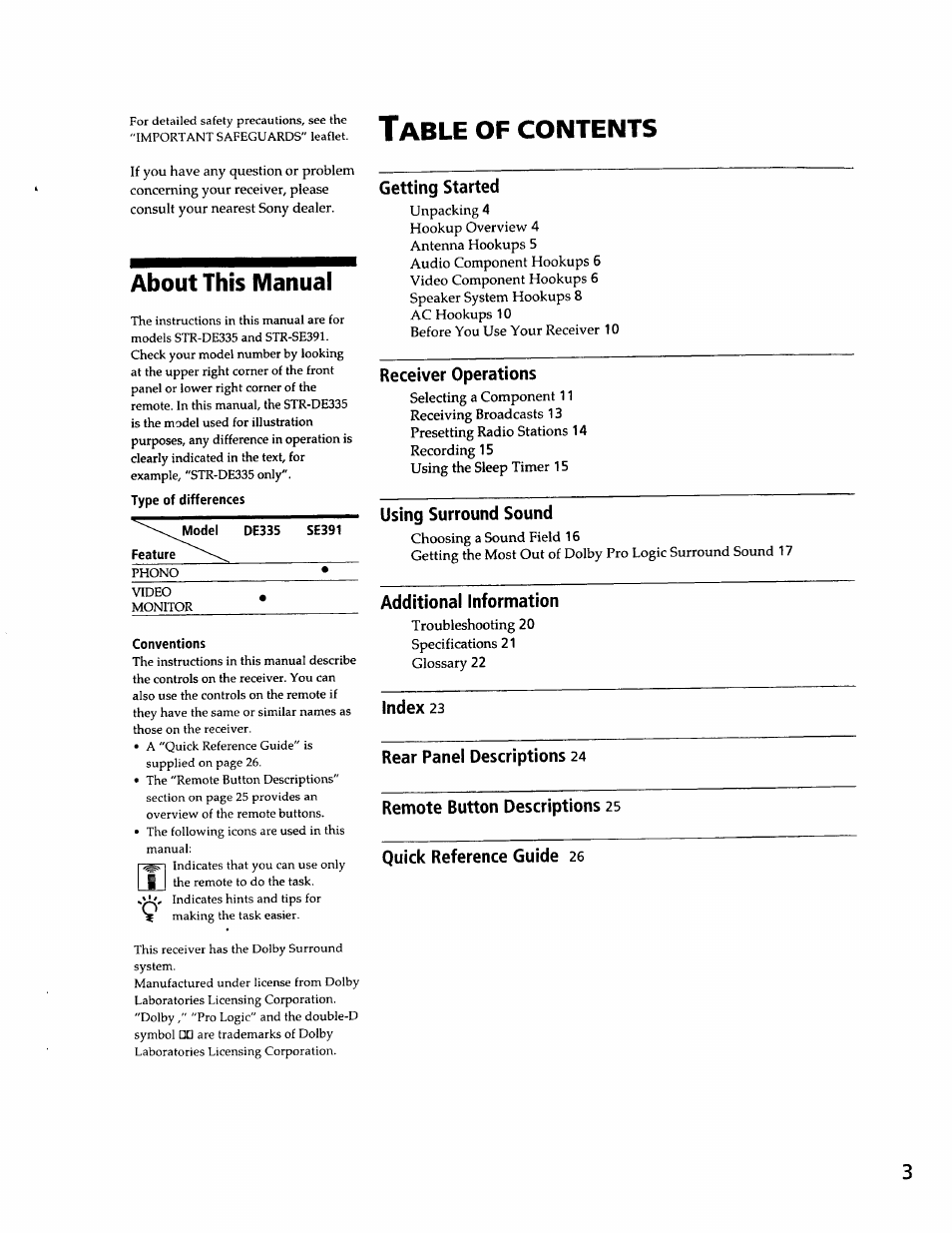 About this manual, Type of differences, Conventions | Getting started, Receiver operations, Additional information, Index 23, Rear panel descriptions 24, Remote button descriptions 25, Quick reference guide 26 | Sony SS-RC301 User Manual | Page 3 / 26