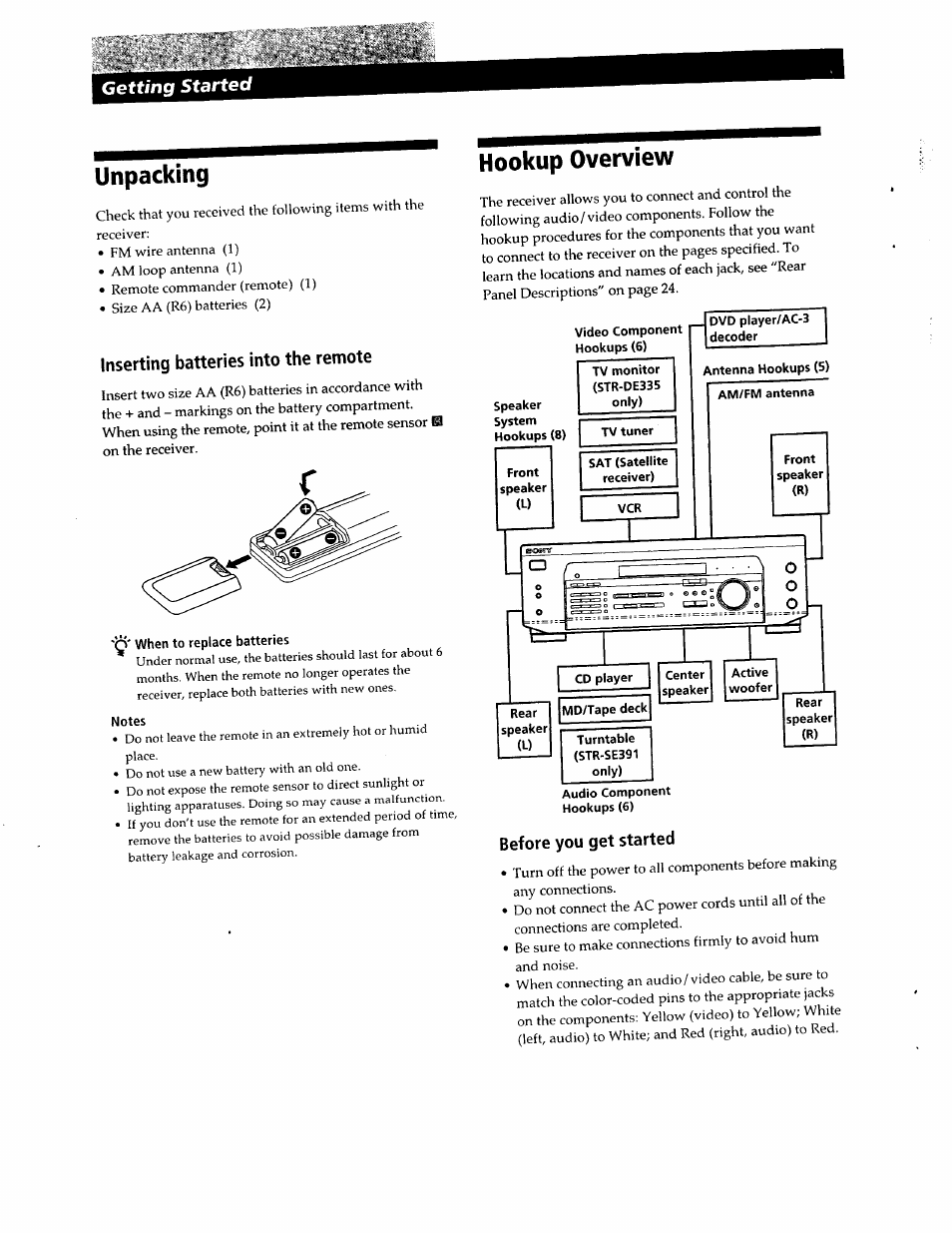 Hookup overview, Inserting batteries into the remote, Notes | Before you get started, Unpacking hookup overview | Sony SS-RC301 User Manual | Page 4 / 26