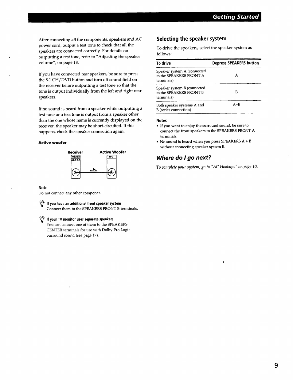 Selecting the speaker system, Note, Getting started | Where do / go next | Sony SS-RC301 User Manual | Page 9 / 26