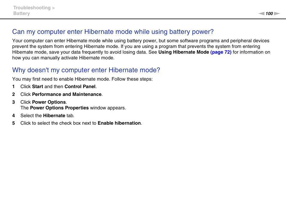 Why doesn't my computer enter hibernate mode | Sony VPCW111XX User Manual | Page 100 / 124