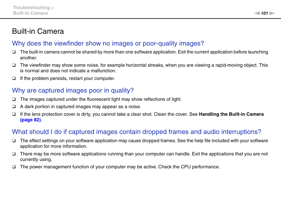 Built-in camera, Why are captured images poor in quality | Sony VPCW111XX User Manual | Page 101 / 124