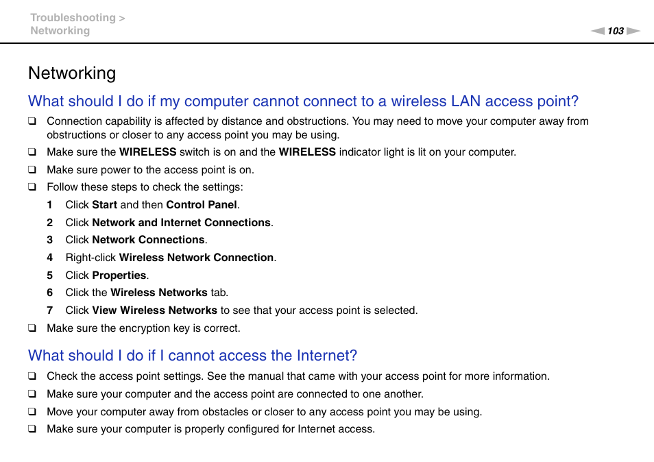 Networking, What should i do if i cannot access the internet | Sony VPCW111XX User Manual | Page 103 / 124