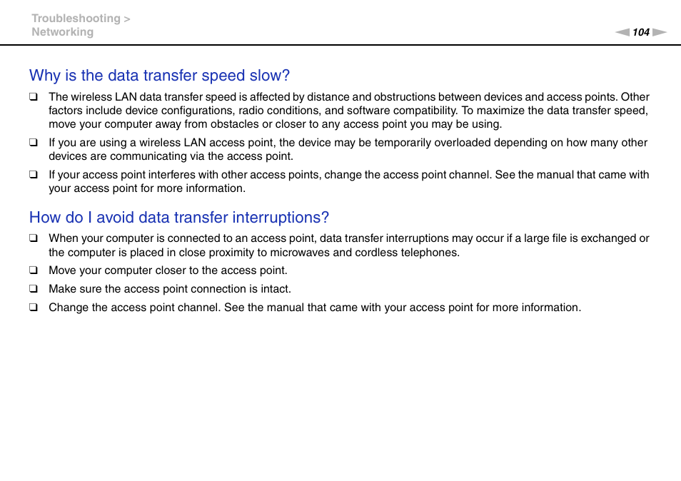 Why is the data transfer speed slow, How do i avoid data transfer interruptions | Sony VPCW111XX User Manual | Page 104 / 124