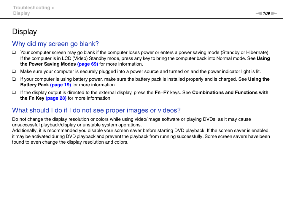 Display, Why did my screen go blank | Sony VPCW111XX User Manual | Page 109 / 124