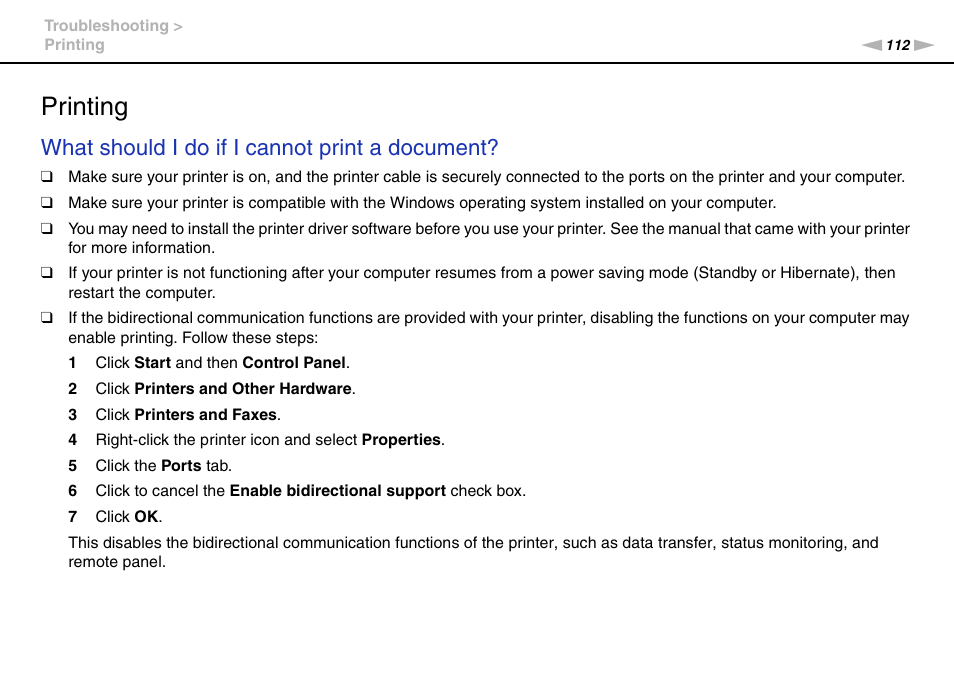 Printing, Inting, What should i do if i cannot print a document | Sony VPCW111XX User Manual | Page 112 / 124