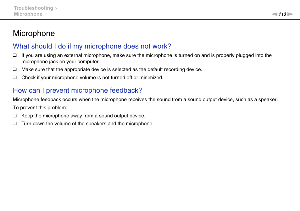 Microphone, What should i do if my microphone does not work, How can i prevent microphone feedback | Sony VPCW111XX User Manual | Page 113 / 124