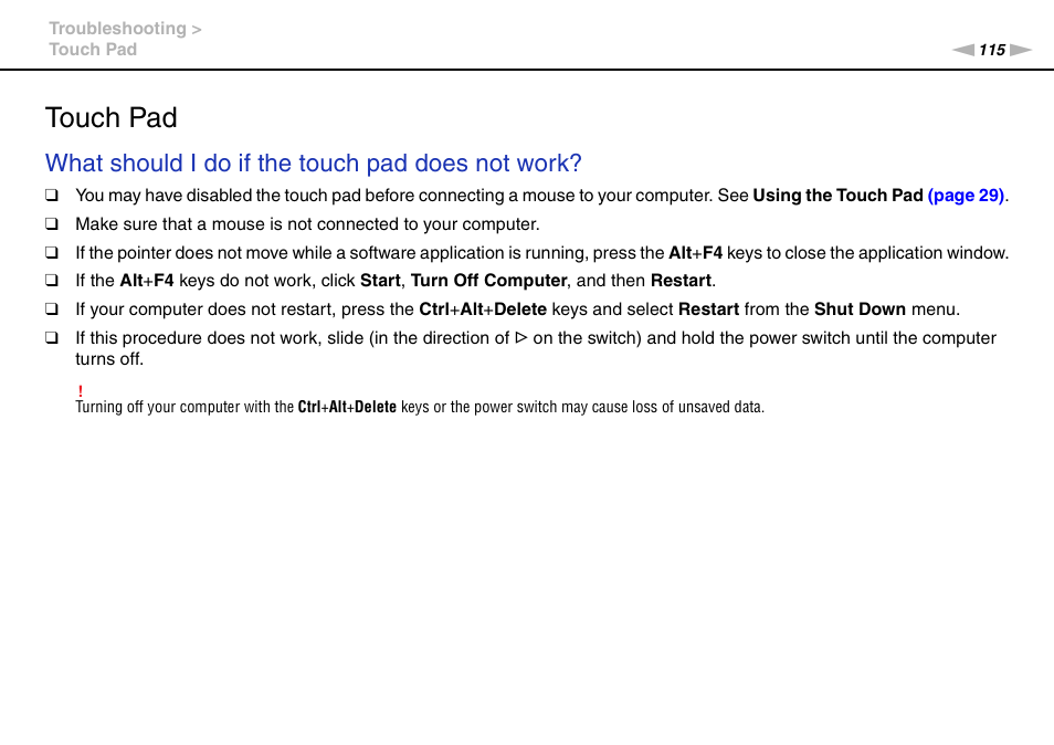 Touch pad, What should i do if the touch pad does not work | Sony VPCW111XX User Manual | Page 115 / 124