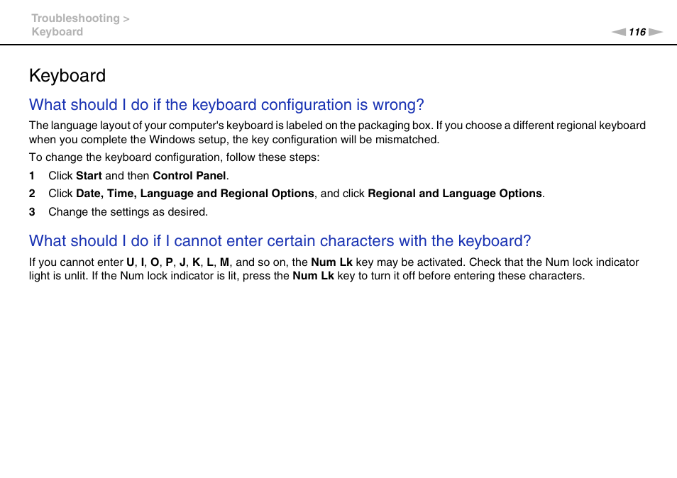 Keyboard | Sony VPCW111XX User Manual | Page 116 / 124