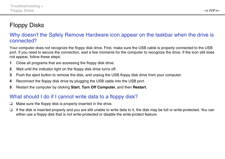 Floppy disks | Sony VPCW111XX User Manual | Page 117 / 124