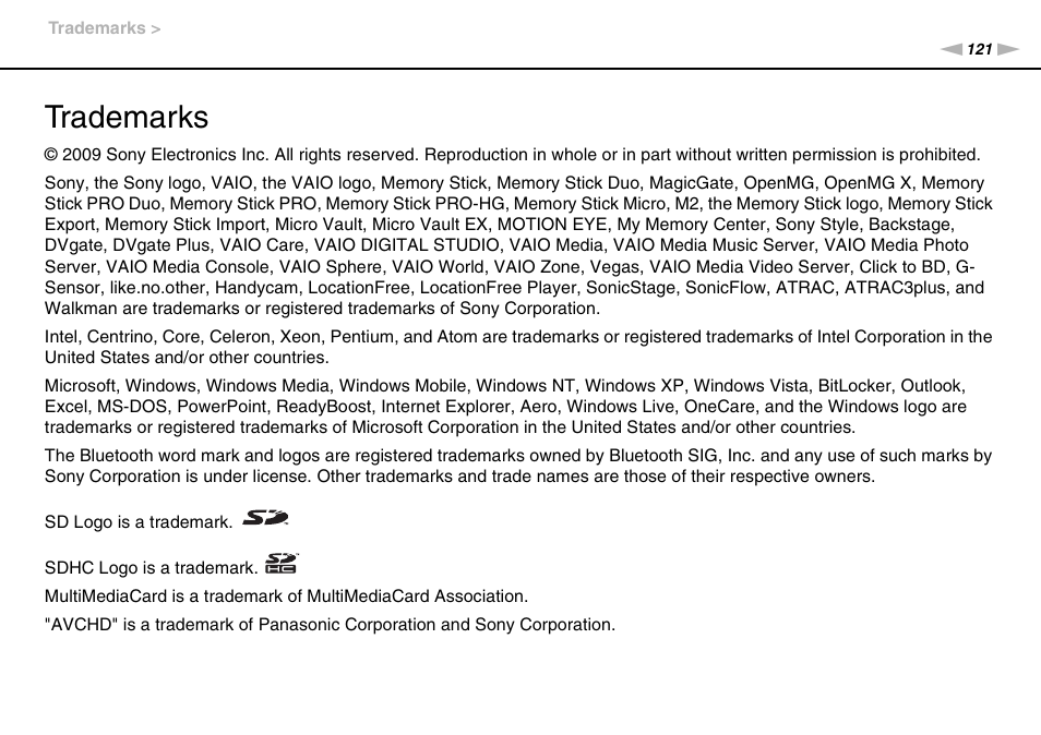 Trademarks | Sony VPCW111XX User Manual | Page 121 / 124