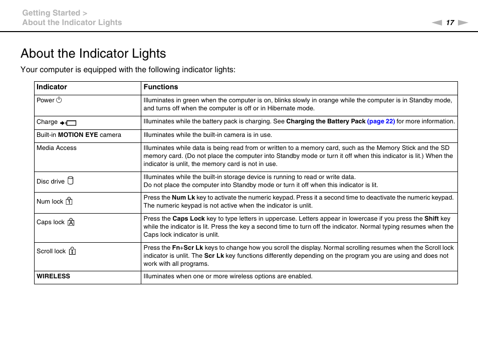 About the indicator lights | Sony VPCW111XX User Manual | Page 17 / 124