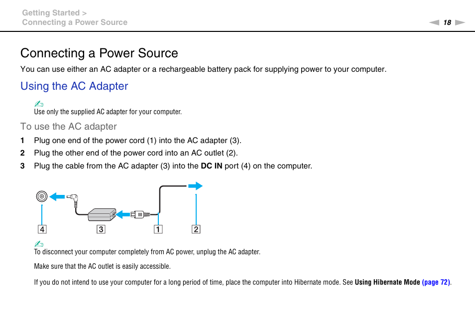 Connecting a power source, Using the ac adapter | Sony VPCW111XX User Manual | Page 18 / 124