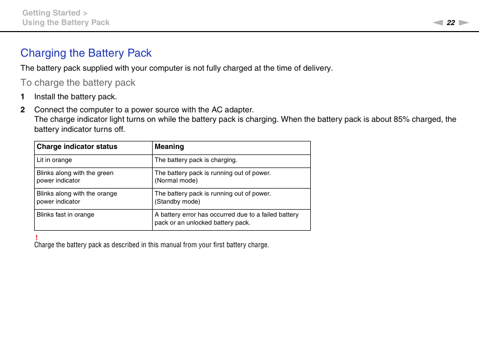 Charging the battery pack | Sony VPCW111XX User Manual | Page 22 / 124