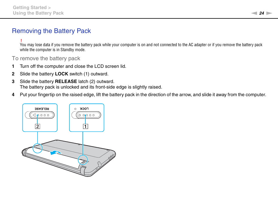 Removing the battery pack | Sony VPCW111XX User Manual | Page 24 / 124