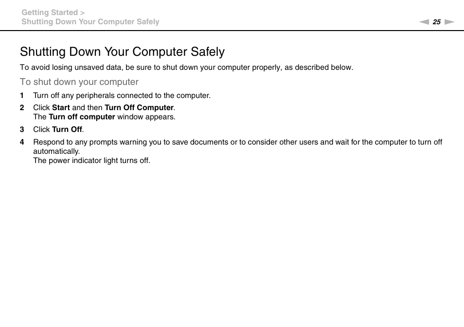 Shutting down your computer safely | Sony VPCW111XX User Manual | Page 25 / 124