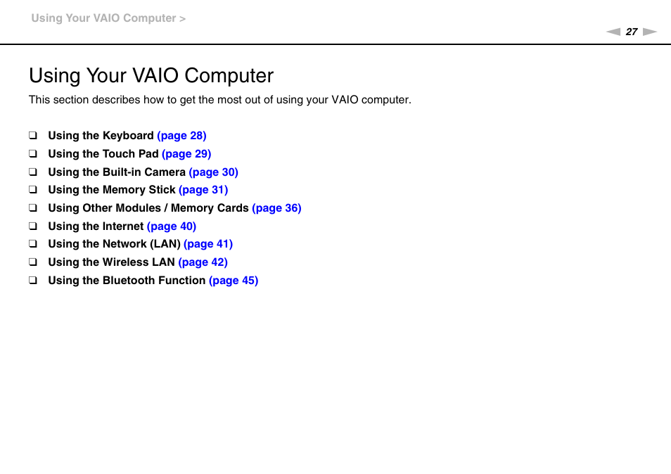 Using your vaio computer | Sony VPCW111XX User Manual | Page 27 / 124