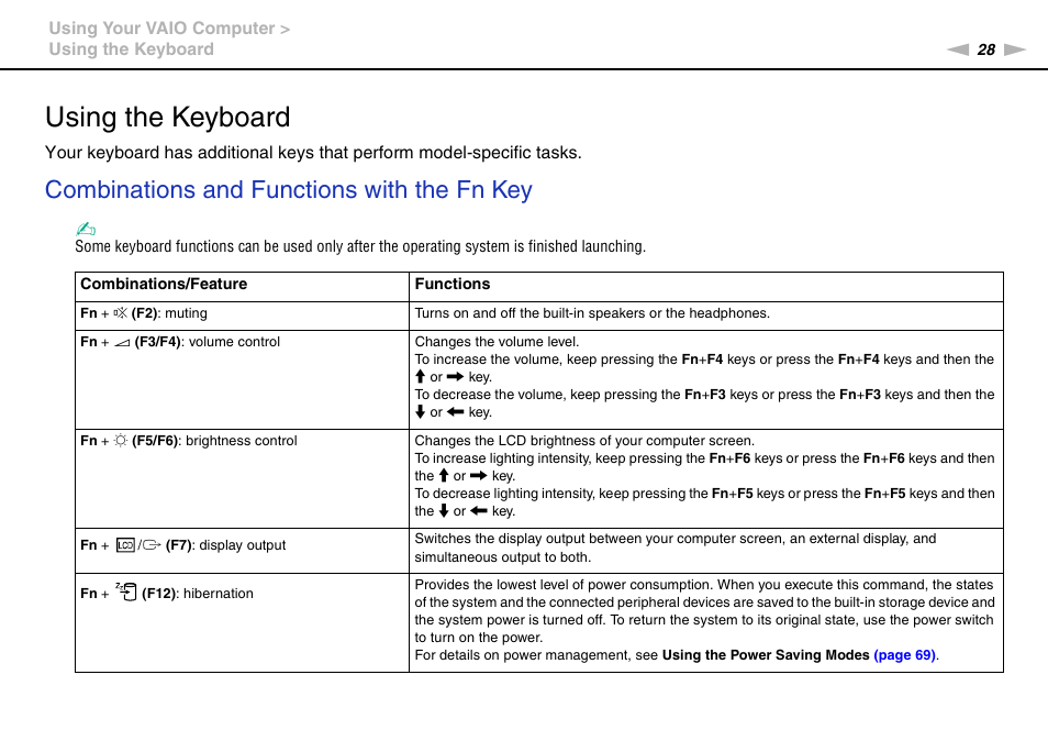 Using the keyboard, Combinations and functions with the fn key | Sony VPCW111XX User Manual | Page 28 / 124