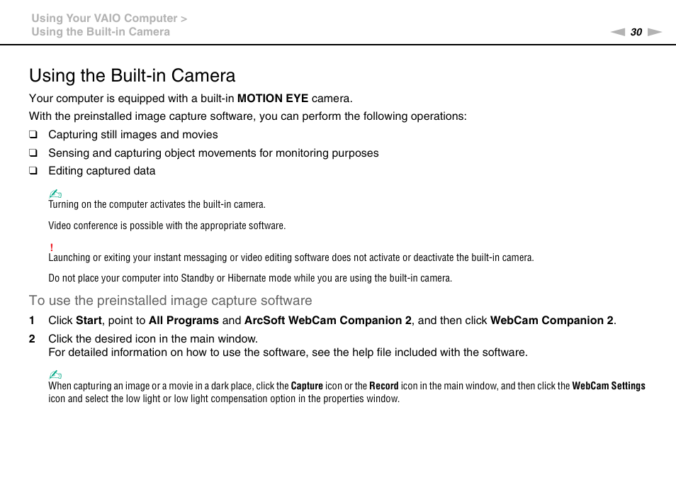 Using the built-in camera | Sony VPCW111XX User Manual | Page 30 / 124