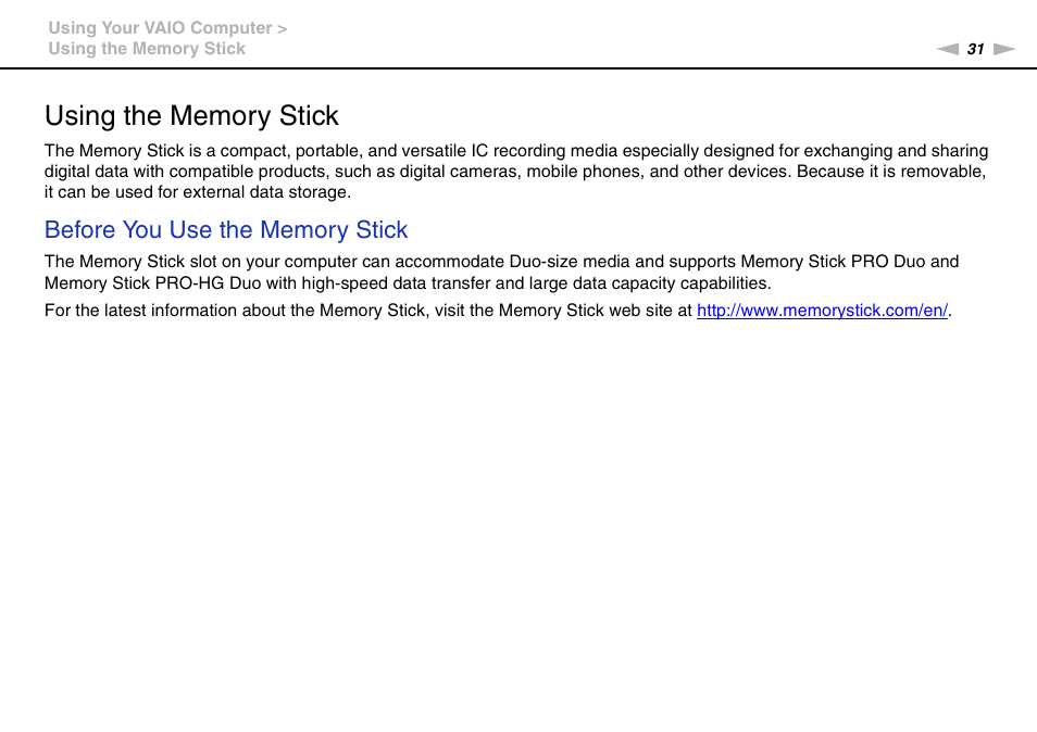 Using the memory stick | Sony VPCW111XX User Manual | Page 31 / 124